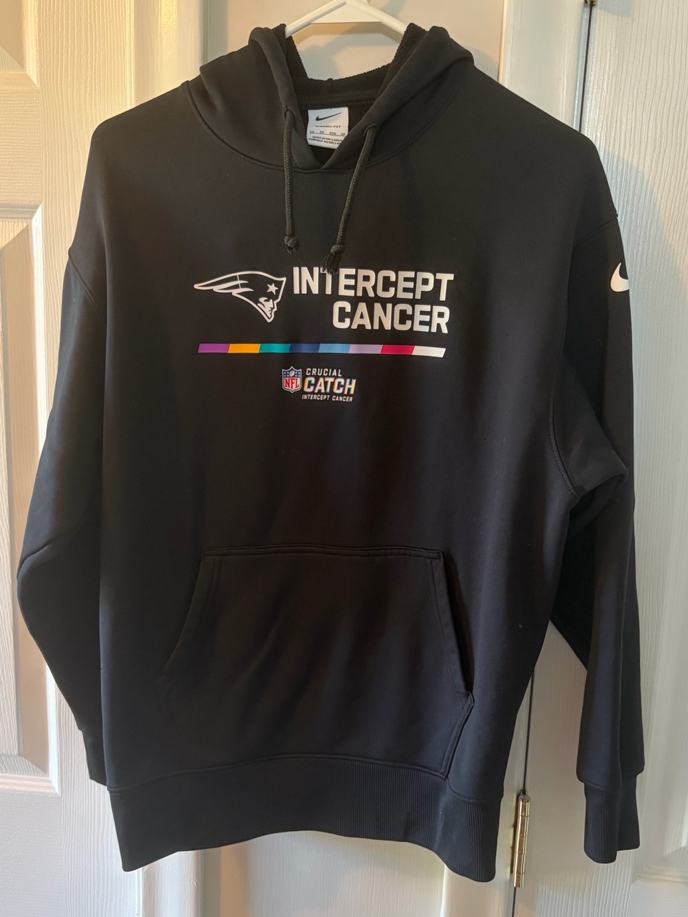 Nike Patriots Black Intercept Cancer Pullover Therma-Fit Hoodie with NFL logo